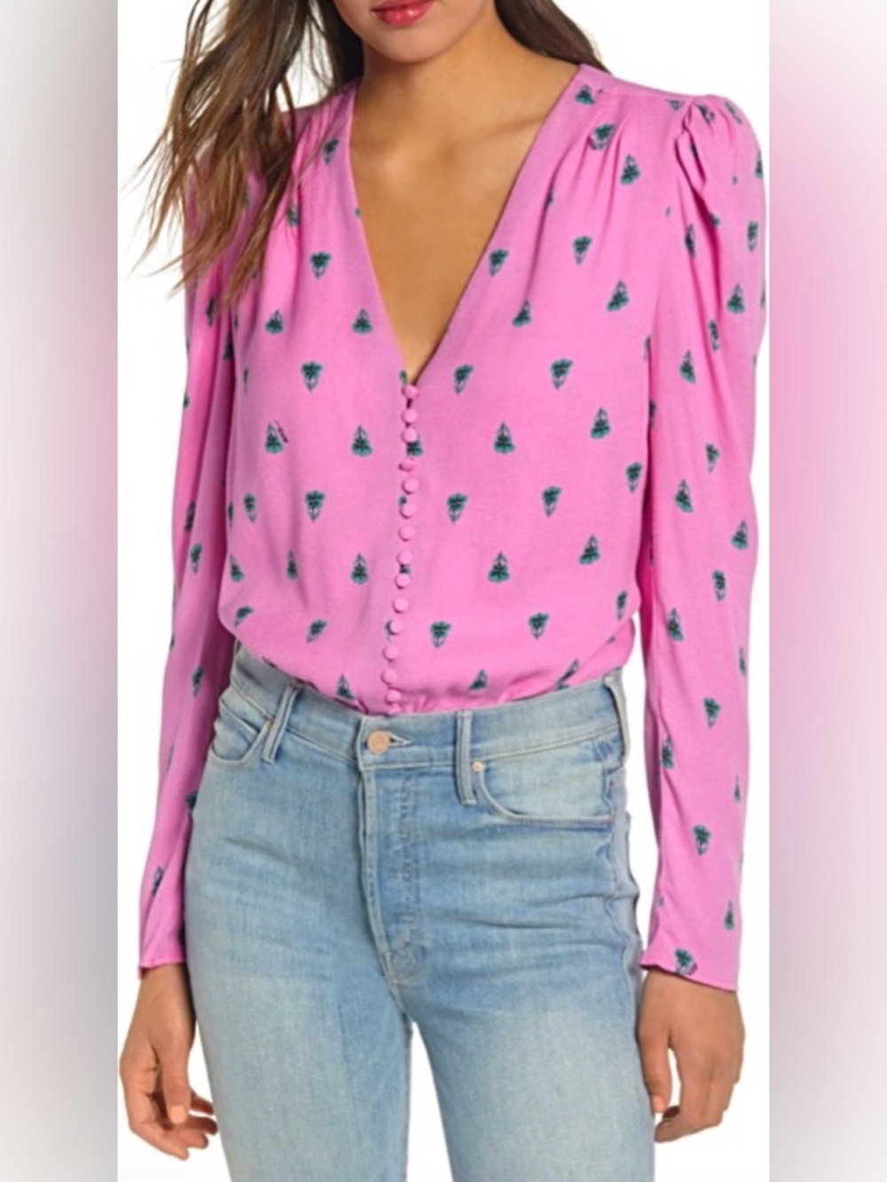 AFRM V-Neck Button Detail Floral Viscose/ Rayon Crepe Longsleeve Bodysuit Size M